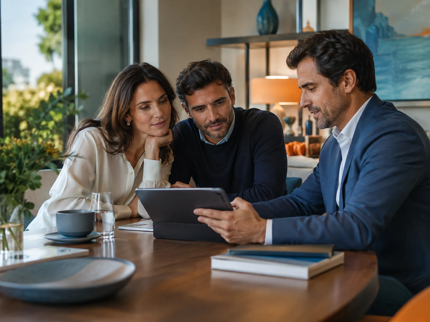 Um consultor apresenta opções num tablet a um casal durante uma reunião.